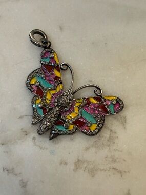 Diamond Butterfly Pendant Multicolor Enamel Pavé Designer Style Charm